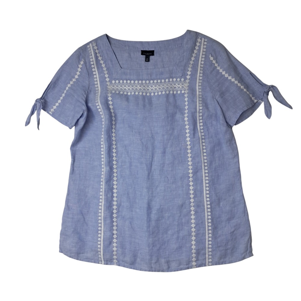 Talbots 100% Linen Top Womens XS Blue Embroidered Square Neck Tie Sleeve Boho